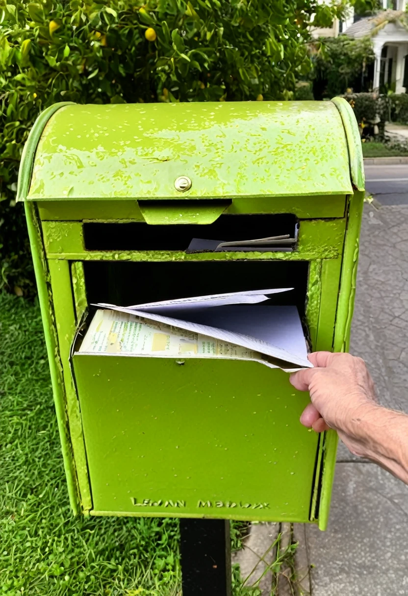 a small, used and somewhat battered lemon green mailbox, with a hand inserting a letter