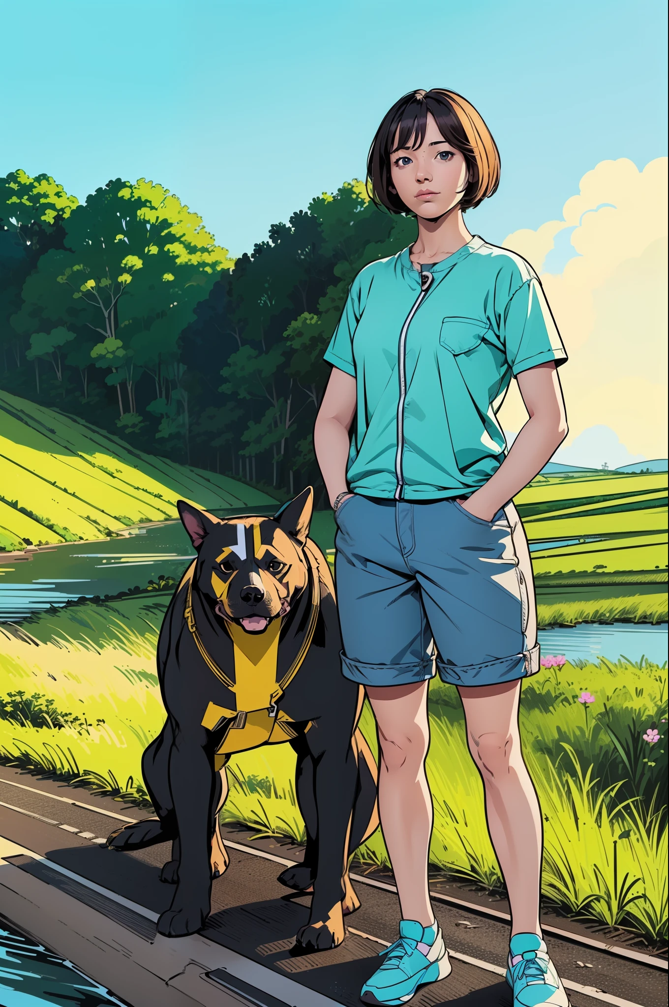 girl,(prettify)
(dog:1.4), (Bright,Country Road Background:1.4), (hotify:1.2),(masterpiece,detailed,highres:1.4) , covered_nipples,Short Hair,(masterpiece,detailed,highres:1.4) ,(Standing with hands in pockets)