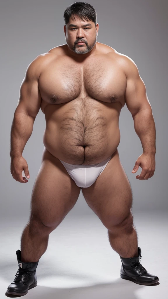 black hair, middle-aged man, individual, male, Muscular wrestler, muscular, Stout wrestler, Asian, Japanese, uncle, 55 year old middle-aged man, short hair, short hair, red wrestling boots, full body portrait, shadow, Vision, red briefs, obesity, 45 years old, short beard, middle-aged man, tattoo, fingerless gloves, Wheat skin, shiny skin, dark skin, Show your pectoral muscles, sumo wrestler, bodybuilder, wide temples, Visible abdominal muscles, Smile, Fine hands, solid color background, pure white background, Surrealism, Panorama, 8k, super detail,
