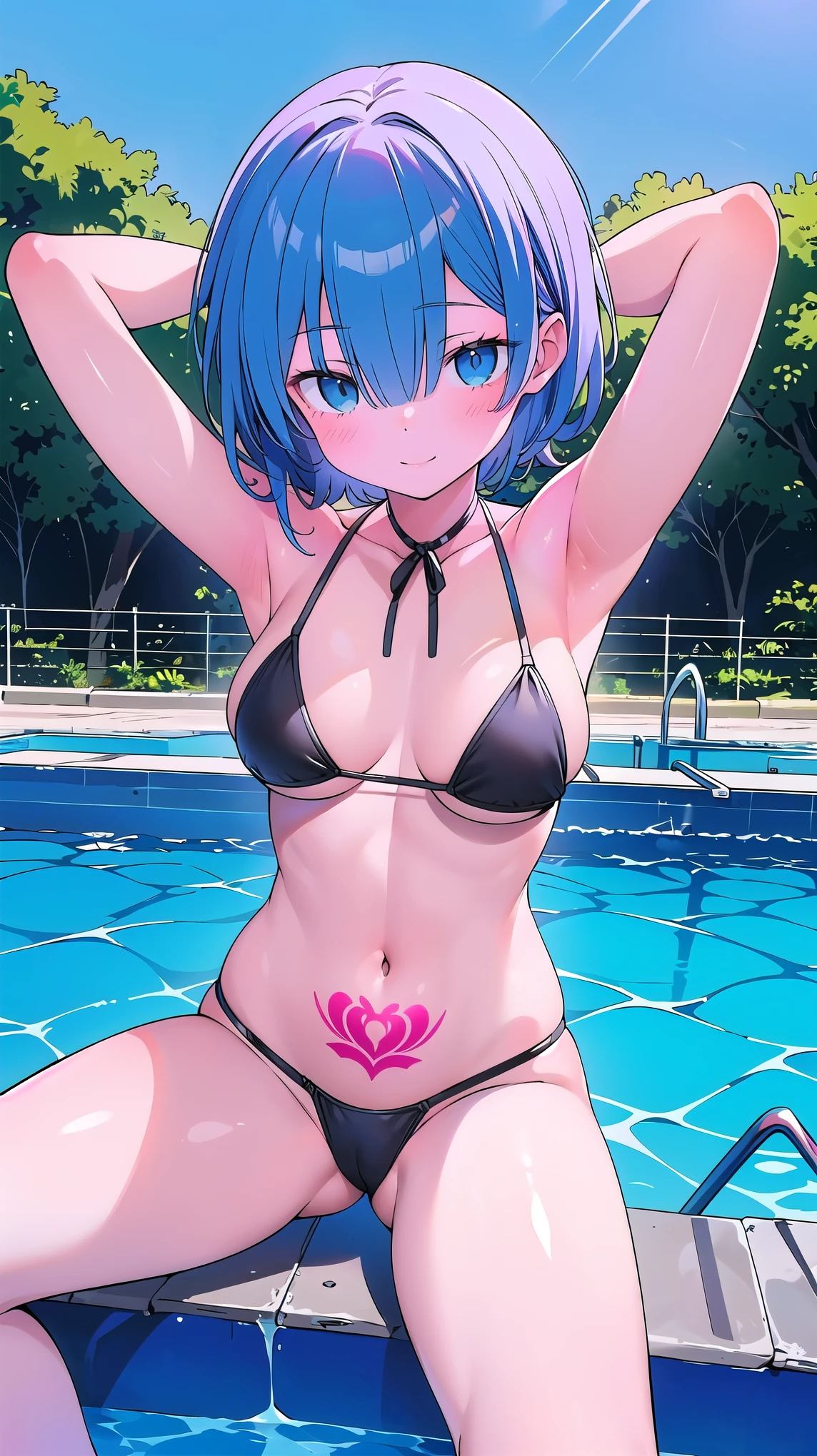 ((Masterpiece)), beautiful details, perfect focus, uniform 8K wallpaper, high resolution, exquisite texture in every detail, Medium shot of photograph, 1 girl, solo, looking at the viewer, smile, detailed pool background,pastel, black micro bikini, heterochromia eyes, red_blue eyes, blue hair, medium_hair, one hair eye, ((((gigants breasts)))), ((arms behind head pose)), abdomen, ABS tattoo sitting pose, legs spread, Open lengs, pussy detailed, big-thighs, angle front, front views, ((from_below))