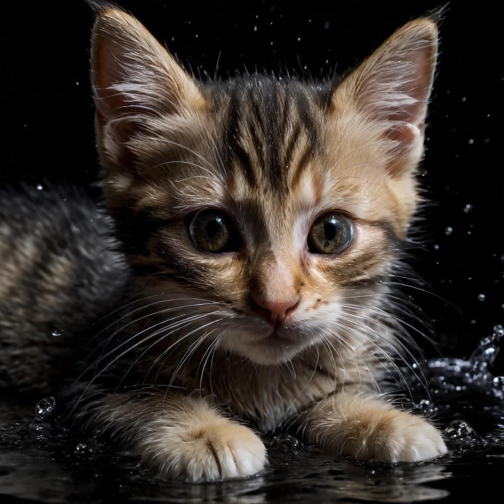 A kitten lying down to rest,Only head exposed,Lazy eyes,Water splashing overhead, several fish tumbling, super realistic photo, photographer level 4K, black background