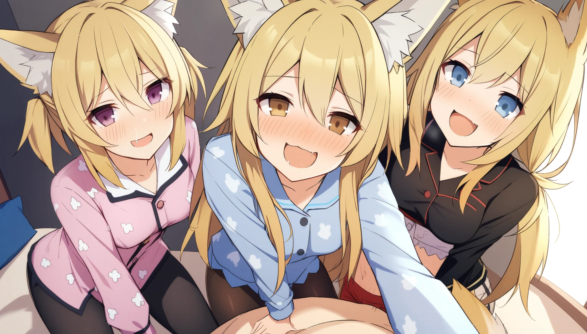 Date-A-Live:3, (Lumine with fox ears:1.5, Yuzetai, Yuzetai assertive female donmai.us), 3girls, fox girls, blonde hair, selki, arknights, fox ears, shaders, assertive female, girl on top, breast, Pov:2, stomach, shirt, princess connect, hugging viewer, drool, saliva trail, leaning in, depth perception, leggings, happy, looking at viewer, cloudy eyes, no_pupils, professional:2, beautiful eyes, lustful eyes, lustful expression, tails, wagging tail, pajamas, dog bone pattern on pajamas, selfie:1.1, centered:1.1, middle third:1.1, smooth lighting:1.1, HD,