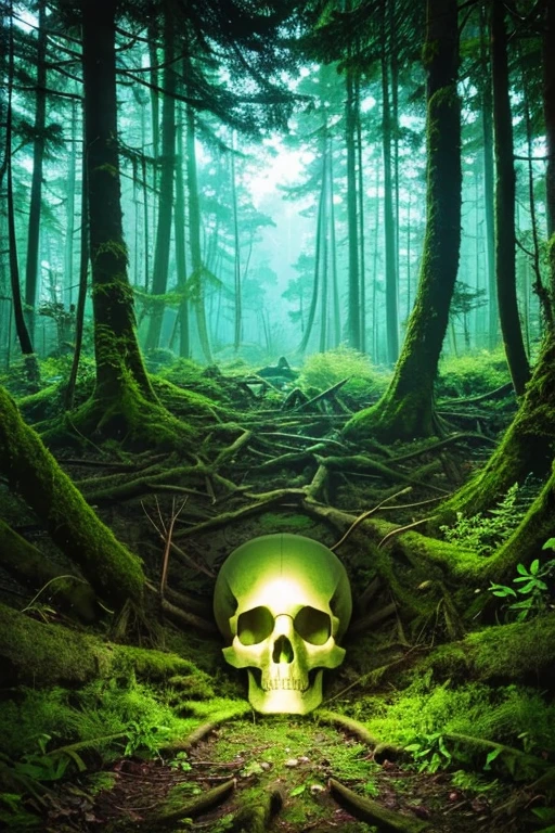 Create a realistic forest or woodland that is dense and has a giant animal skull in one part of it. 