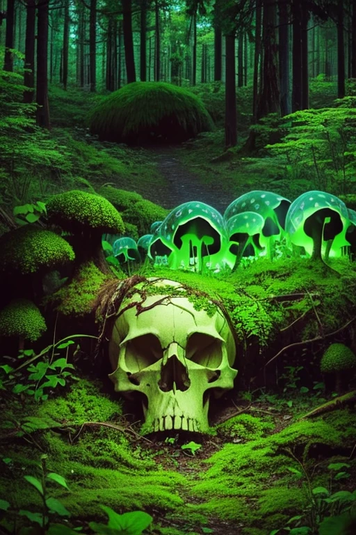 Psychedelic idea of a Skull in the forest, the top of the skull is dominated by photoluminescent mushrooms, there are some fallen tree trunks ahead, and mosses taking over the ground and trunks