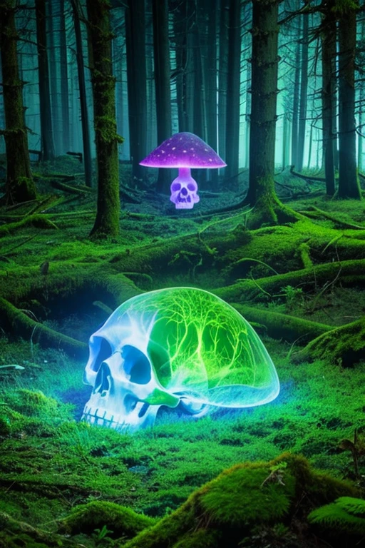 Psychedelic idea of a Skull in the forest, the top of the skull is dominated by photoluminescent mushrooms, there are some fallen tree trunks ahead, and mosses taking over the ground and trunks
