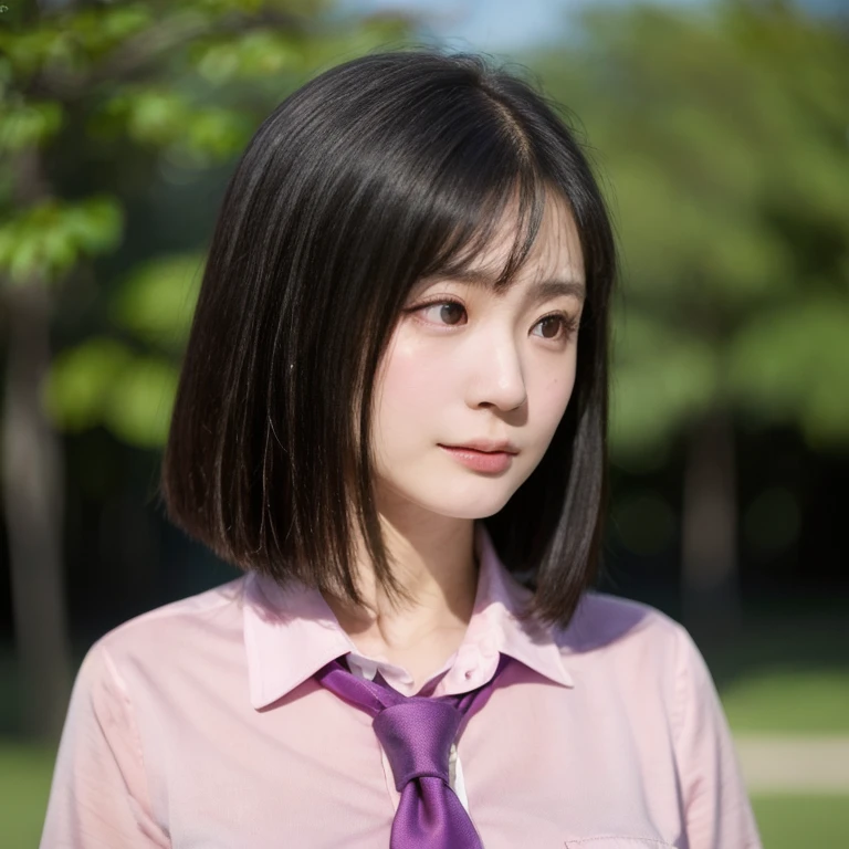 (kawaii 24year-old Japanese girl, Nogizaka idol, Korean idol), (glossy black hair, medium bob cut, aligned hair length:1.3), (rounded face, black eyes, single eyelid, no makeup, very sad emotion:1.2), (wearing light pink collared shirt, necktie:1.3), (flat chest, extra small breasts:0.8), (looking away out of frame:1.3), BREAK, (sunny day outside background:1.3), (vertical shot, profile, bust shot:1.3), BREAK, (masterpiece, best quality, photo realistic, official art:1.4), (UHD, 8K quality wallpaper, high resolution, raw photo, golden ratio:1.2), (shiny skin), professional lighting, physically based rendering, award winning, (perfect anatomy, highly detailed skin, extremely detailed face and eyes), Carl Zeiss 85 mm F/1.4, depth of field, 1girl, solo,