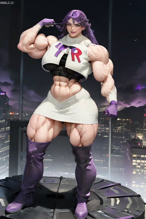 (((((Massive tall, beautiful, buff, pale white muscular goddess woman with violet purple hair, ginormous bulky muscles and wearing a sleeveless team rocket uniform with skirt))))), close view, (massive muscles), massive biceps, hyper muscle shoulders, (ginormous muscular arms), vascular shoulders, hyper muscle triceps, (long hair with long bangs), black eyes, choker, black thigh high boots, (on the rooftop), confident smile, night, hyper vascular arm, hyper muscles arms, hyper muscle legs, (ginormous arms).