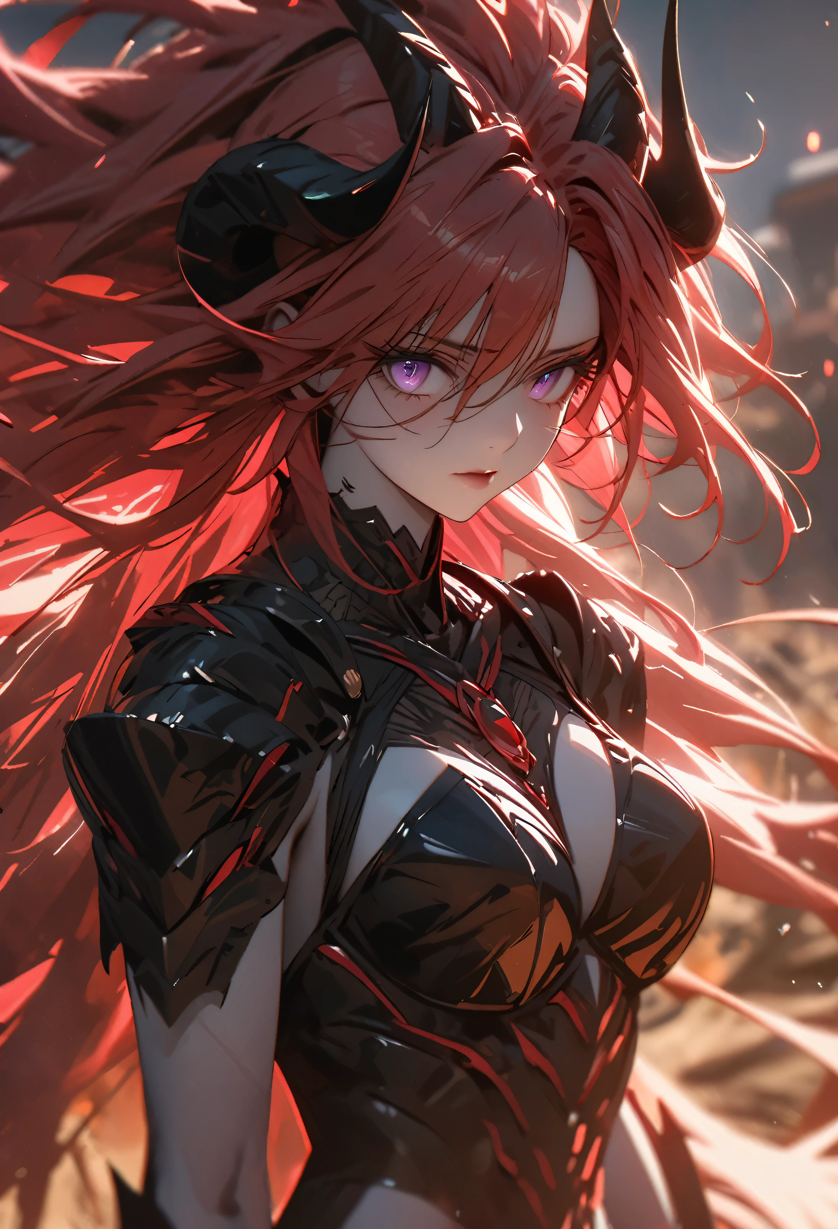 (solo), pinkish red hair, messy hair, mane hair, extra long hair, dense hair, wild hair, expressive hair, mature, woman, (25 year old), pale skin, purple eyes, curved horns, demon girl, demonic woman, wearing a black armor, armored arms, armored legs, claws,, beautiful, attractive, eye reflection, depth of field, thunder aura,cinematic lighting, ray tracing, depth of field, cinematic lighting, ray tracing, UHD, high details, best quality, highres, high quality, award winning, super detail, masterpiece, 8k, UHD, high details, best quality, highres, high quality, award winning, super detail, masterpiece, 8k, digital art, anime coloring, body shot, good face, perfect face, detailed face, good eyes
