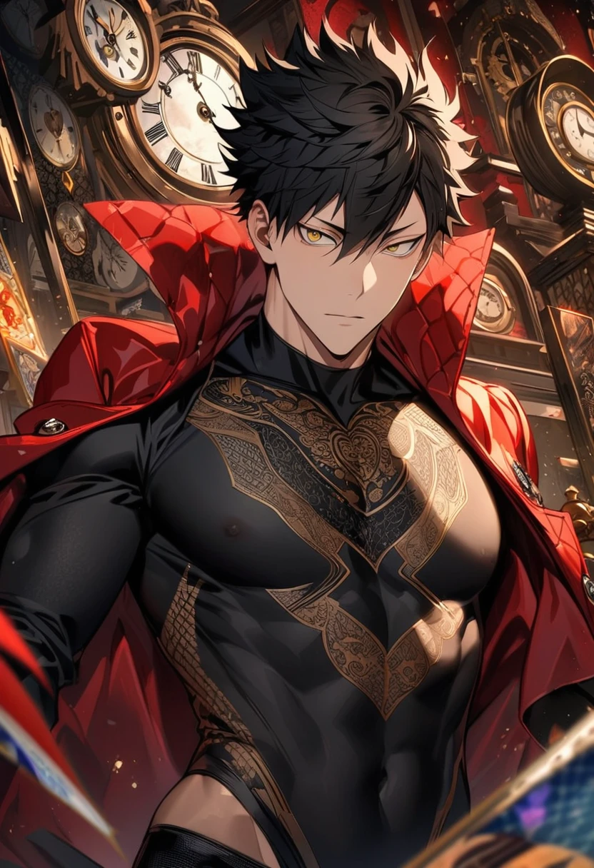 Ultra detailed, highres, absurdres, HDR, Kuroo Tetsurou, black hair, golden eyes, Haikyuu, red long coat, black tight shirt with patterns, clock, gear, in wonderland, heart cards, sexy man, solo, handsome, very detailed face and eyes, toned chest, black pants, black gloves,