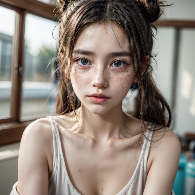 1girl, idol, close-up, collarbone, ,, photo, film, depth of field, skin texture, t-shirt, rubber band, topknot, long hair, messy hair, freckles,