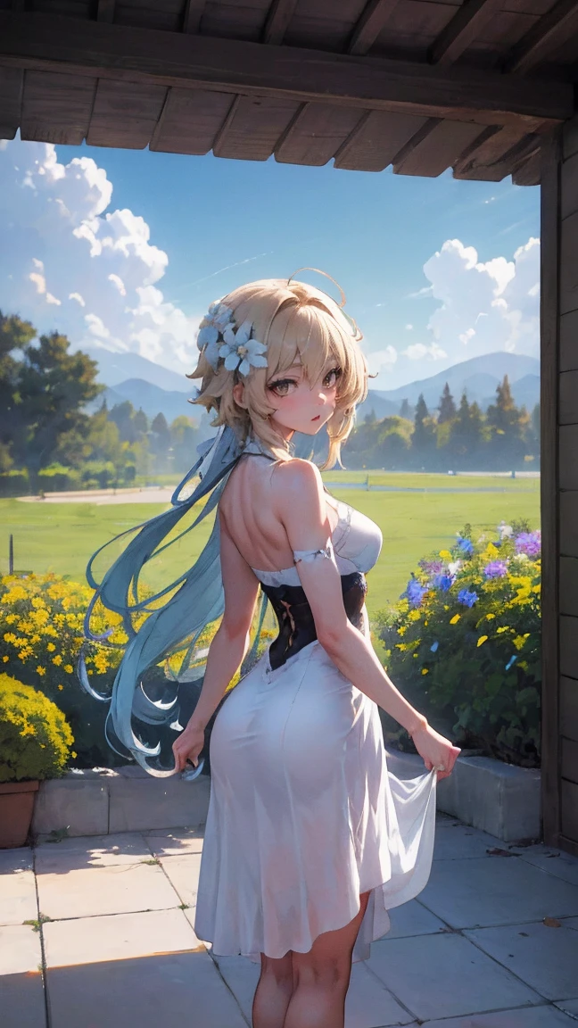 Luz | impacto genshin, obra maestra, mejor calidad, 1 chicas,25 years, proporcional body, proporcional., pelo largo, hanbok, pechos gigantes, ,bara, gargantilla, Standing in the middle of a flower garden, exterior, el cielo es hermoso, arm behind the back, contra la pared, Ver a los espectadores desde el frente., correa del muslo, nod, aburrido, 10, 10, High Definition, leve sonrisa,