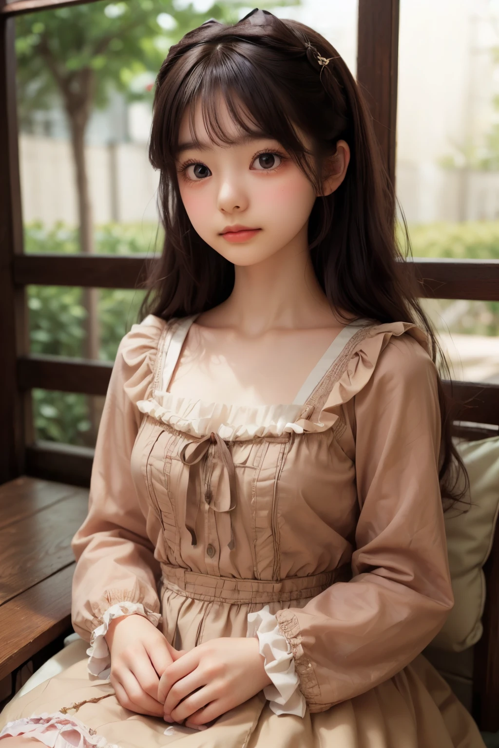 ((sfw: 1.4)), ((cute face,brown eye: 1.3), (detailed face: 1.3)), ((sfw, Lolita fashion, 1 Girl)), Ultra High Resolution, (Realistic: 1.4), RAW Photo, Best Quality, (Photorealistic Stick), Focus, Soft Light, ((15 years old)), ((Japanese)), (( (young face))), (surface), (depth of field), masterpiece, (realistic), woman, bangs, ((1 girl))