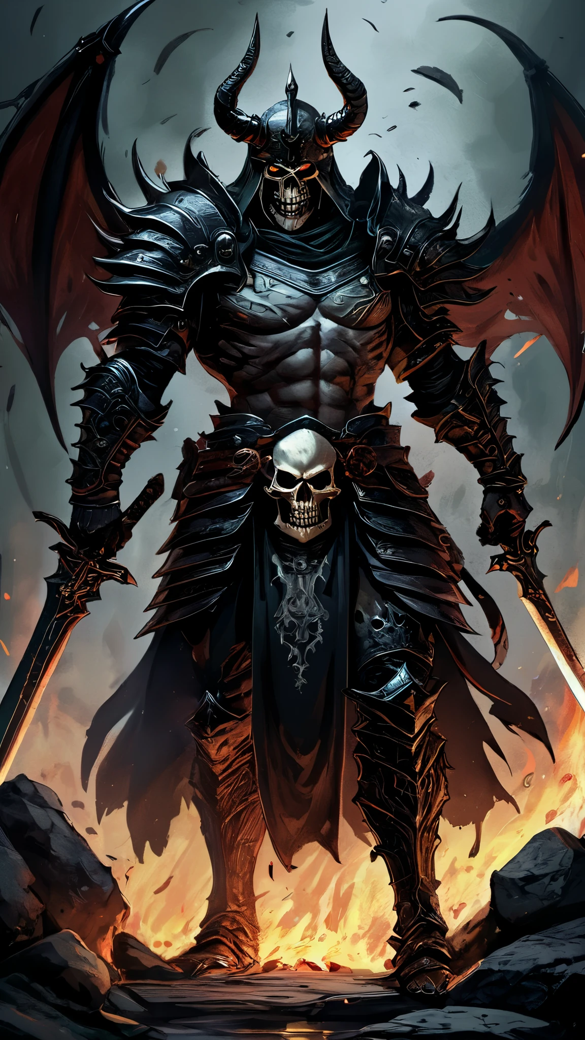 ((ultra intricate details, digital art style, airbrushed)), (1man:1.3), (night), body portrait, a menacing fully armored black samurai, (intricately filigreed black yoroi, scroll worked ebony armor, full skull styled horned helm, skull face guard:1.3), (black and red symmetrical feathered wings:1.2), in the haunted dark forest, (twisted gnarled trees, ghostly swirling energies:1.3)