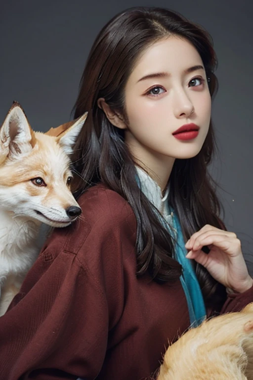Beautiful woman with red eyes posing for elegant photo with white giant fox, arpino,Gray Hair,Face to face, Ultra-realistic, Clear images