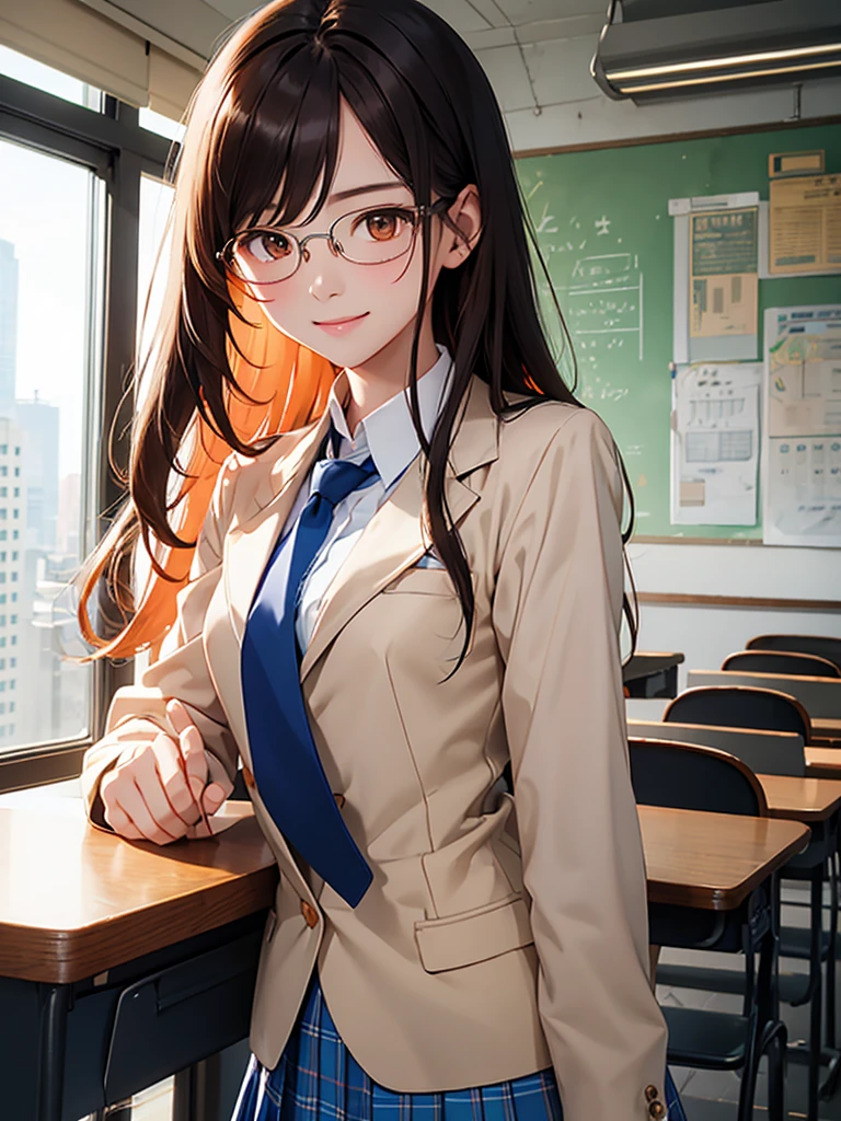 masterpiece, highest quality、girl、student、long hair、Chestnut Hair、Orange Eyes、slender、Small breasts、White blouse、Blue tie、Cream-colored blazer、Blue checked skirt、Glasses、smile、classroom、Upper Body