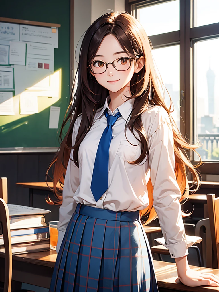masterpiece, highest quality、girl、student、long hair、Chestnut Hair、Orange Eyes、slender、Small breasts、White blouse、Blue tie、Cream-colored blazer、Blue checked skirt、Glasses、smile、classroom、Upper Body