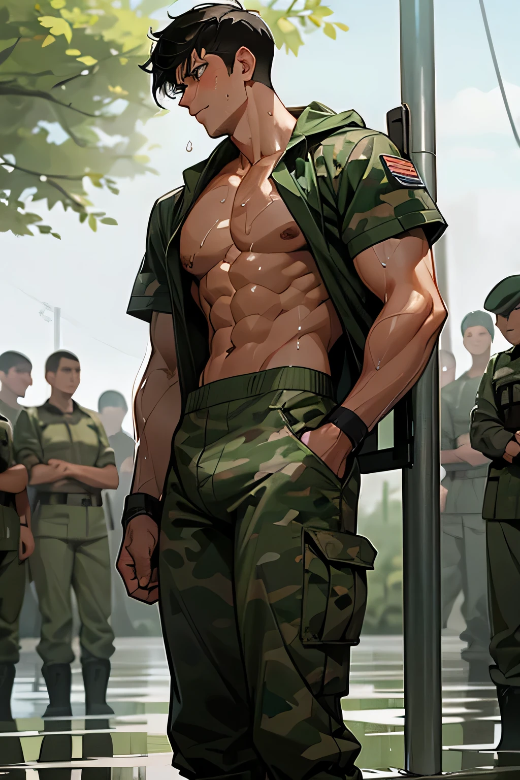 shirtless, handsome, super muscular, short black hair, caucasian male soldier in camouflage pants and boots, sweat-drenched, soaking wet, drenched with sweat, sweating profusely, soaking wet with sweat, shirtless, standing, in line with other soldiers, the military camp