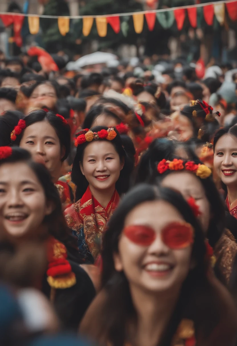 black hair, hair bobbles, wince, longeyelashes, solid circle eyes, fake animal ears, light smile, ear blush, fang, On the street, A grand festive parade is underway。People are dressed in traditional clothing, Dance, Hold aloft a variety of richly decorated flags and props。The painting presents a lively scene of the parade, It captures people's joyful expressions and energetic movements。, Surrealism, drop shadow, anaglyph, stereogram, tachi-e, pov, atmospheric perspective, halftone, from above, panorama, cinematic lighting, 8k, super detail, ccurate, best quality, 1080P