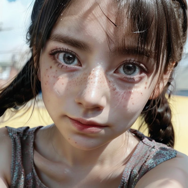 1girl, idol, close-up, collarbone,  ,, photo, film, depth of field, skin texture, t-shirt, rubber band, topknot, long hair, messy hair, freckles,