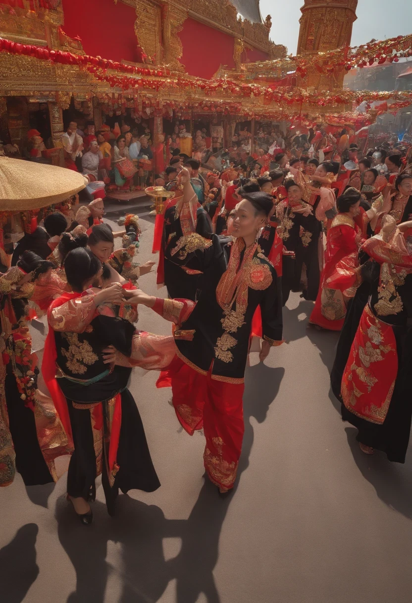 black hair, hair bobbles, wince, longeyelashes, solid circle eyes, fake animal ears, light smile, ear blush, fang, On the street, A grand festive parade is underway。People are dressed in traditional clothing, Dance, Hold aloft a variety of richly decorated flags and props。The painting presents a lively scene of the parade, It captures people's joyful expressions and energetic movements。, Surrealism, drop shadow, anaglyph, stereogram, tachi-e, pov, atmospheric perspective, halftone, from above, panorama, cinematic lighting, 8k, super detail, ccurate, best quality, 1080P