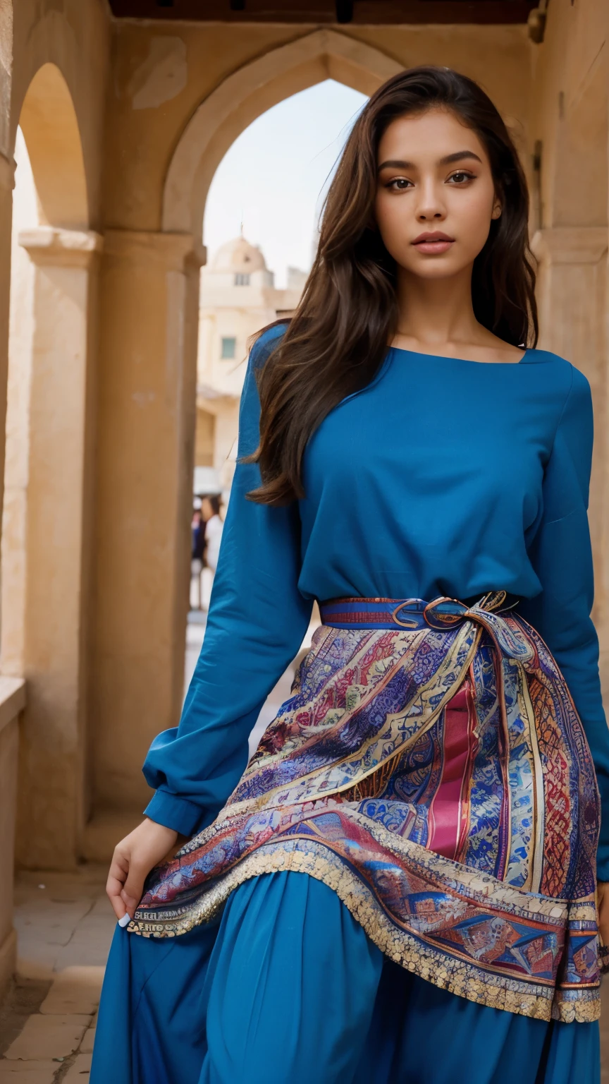 İndian girl, 21 years, model, beauty, light skin, long hair, background is bazaar, colorful dress, sexy woman, beautiful eyes, 
