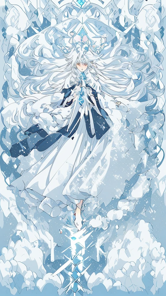 Anime girl with long white hair and blue skirt in the snow, White-haired deity, White hair floating in the air, Anime Fantasy Illustration, Flowing white hair, Beautiful young wind elf, Beautiful fantasy anime, shiny flowing hair, Ethereal Anime, beautiful anime artwork, Beautiful digital art work, Anime Fantasy Artwork, Anime HD Fantasy Artwork,Second dimension style
