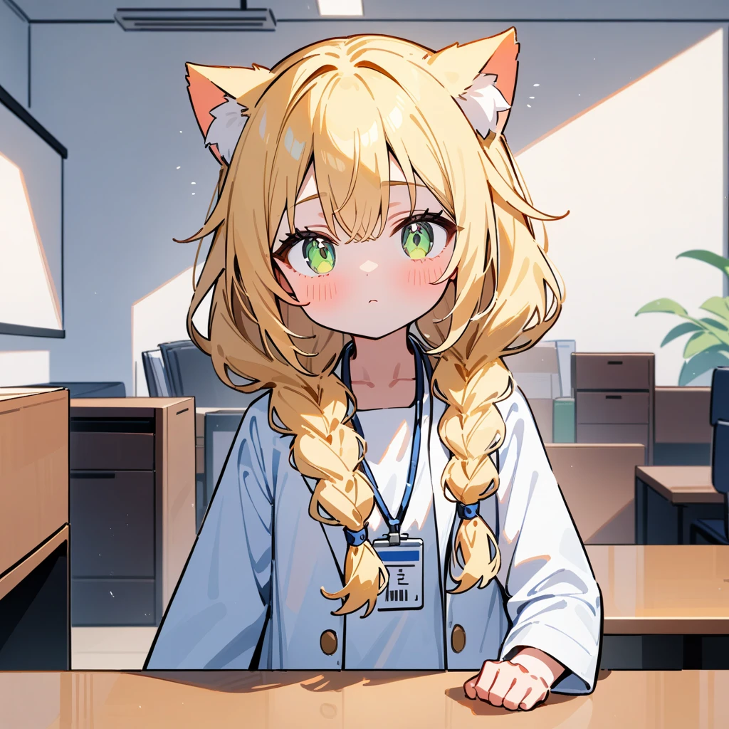 （masterpiece：1.2，high quality），8K，High resolution，A seven-year-old girl，cute girl，blonde hair，long hair，light green eyes，twin braids，cat ears，expressionless eyes，Wearing white doctor uniform，Work ID hanging around neck，Stand in the office，primary school student，whole body