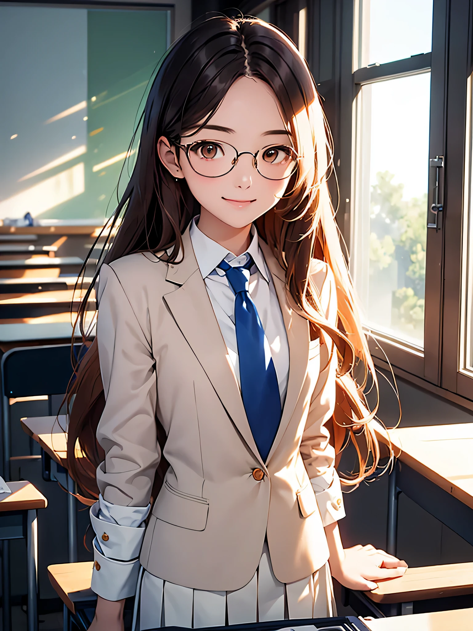 masterpiece, highest quality、girl、student、long hair、Chestnut Hair、Orange Eyes、slender、Small breasts、White blouse、Blue tie、Cream-colored blazer、Blue checked skirt、Glasses、smile、classroom、Upper Body