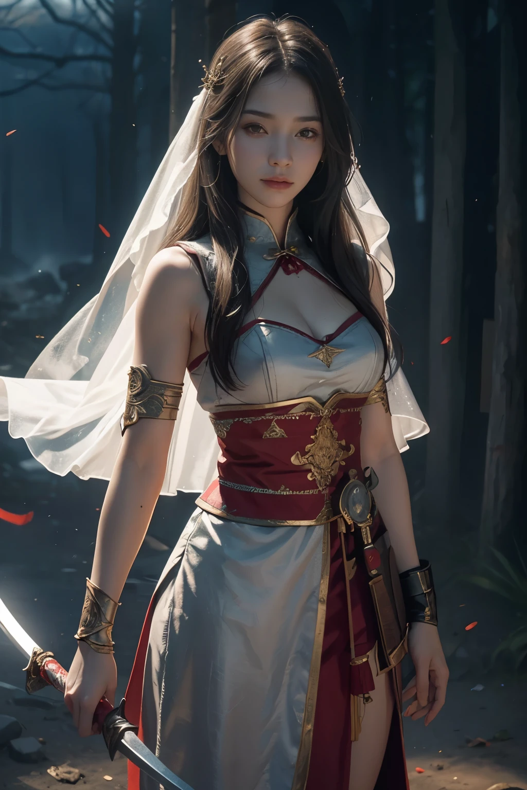 (Positive focus),(in the darkness nigth:1),(best qualtiy),(Fidelity:1),filmposter,realistic skin textures,highly detailed,8k wallpaper,Volumetriclighting,Dynamic Lighting,one-girl,cabelos preto e longos,horse tailed,Black Metal Armor,red waistband,Black armor,Shoulder blades,Waist Guard,Hand Guard,Wear a veil,Hold the long sword in front of you,Ancient Chinese wind,Fighting posture,Lots of blood,face with blood stains,Broken clothes,Ancient Chinese Battlefield,A group of ancient soldiers chased and killed,Arrows fly,There is a lot of war,the night,Dramatic composition,Sword qi surrounding,The picture is rich in detail,karo,Movie Lighting,(jiayi:1.5), closeup cleavage, tmasterpiece, best qualtiy, RAW photogr, realisticlying, the face, Incredibly Ridiculous res, depth of fields, A high resolution, ultra - detailed, finedetail, The is very detailed, Extremely detailed eyes and face, Sharp pupils, realistic pupil, tack sharp focus, cinmatic lighting