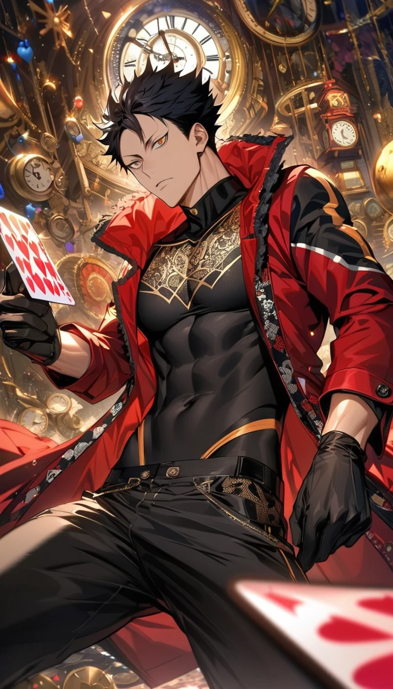 Ultra detailed, highres, absurdres, HDR, Kuroo Tetsurou, black hair, golden eyes, Haikyuu, red long coat, black tight shirt with patterns, clock, gear, in wonderland, heart cards, sexy man, solo, handsome, very detailed face and eyes, toned chest, black pants, black gloves,