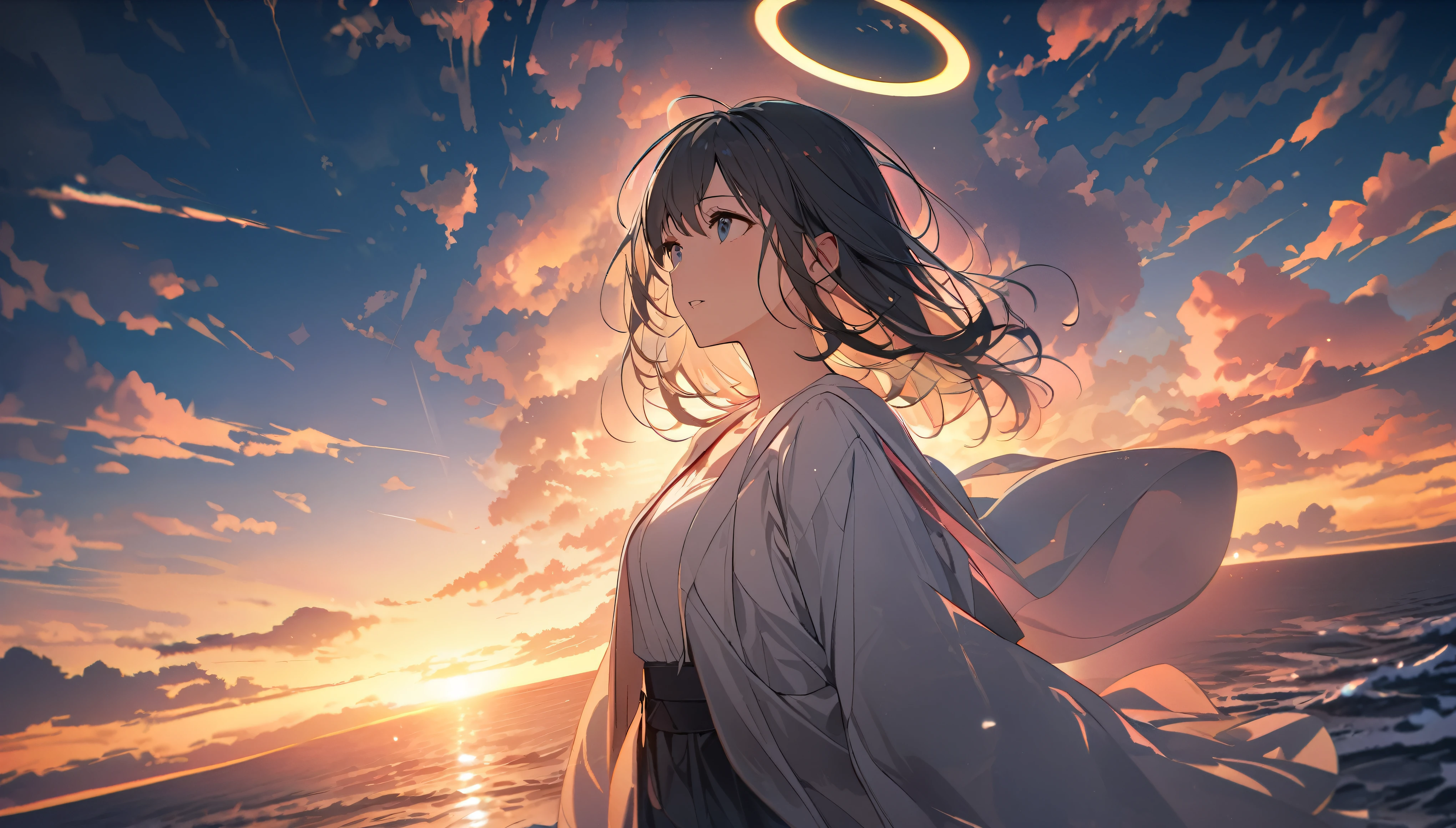 A woman in the center is looking up with her arms slightly outstretched.、A woman is wearing a robe、The woman has a halo above her、In a vast Aerial temple with only open pillars and floors、sunrise、horizon、Aerial、sea of clouds、Colorful、High definition、8K