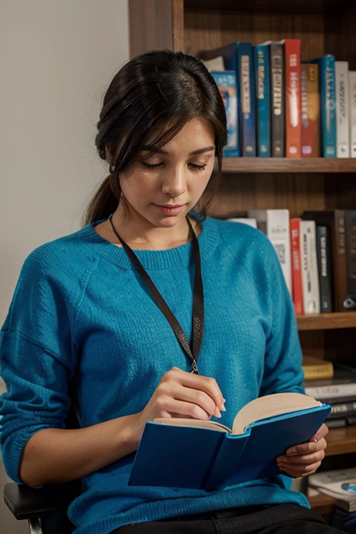 persona leyendo con fondo azul