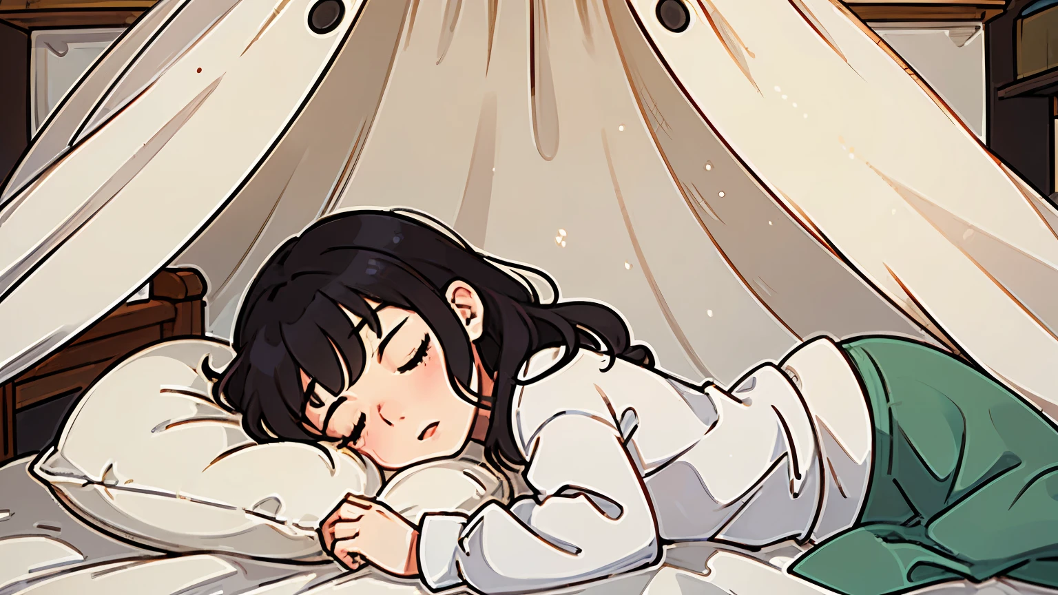 A girl sleeping peacefully in bed. The illustrations have a Ghibli style touch.