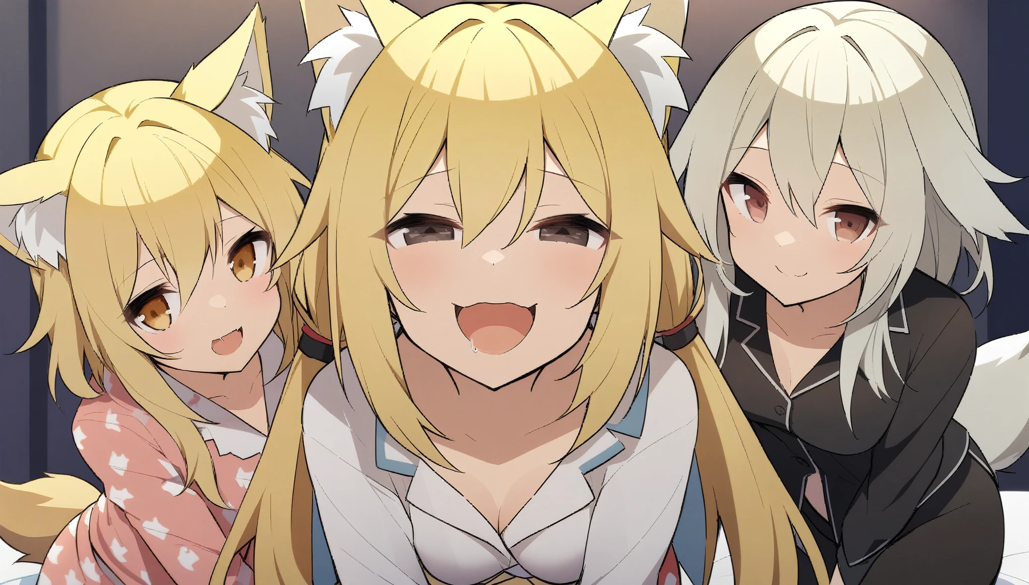 (Lumine:1.5, Yuzetai, Yuzetai assertive female donmai.us), 3girls_with_fox_ears, fox girls, blonde hair, selki, arknights, fox ears, shaders, assertive female, girl on top, breast, Pov:2, stomach, shirt, princess connect, hugging viewer, drool, saliva trail, leaning in, depth perception, leggings, happy, looking at viewer, cloudy eyes, no_pupils, professional:2, beautiful eyes, lustful eyes, lustful expression, tails, wagging tail, pajamas, dog bone pattern on pajamas