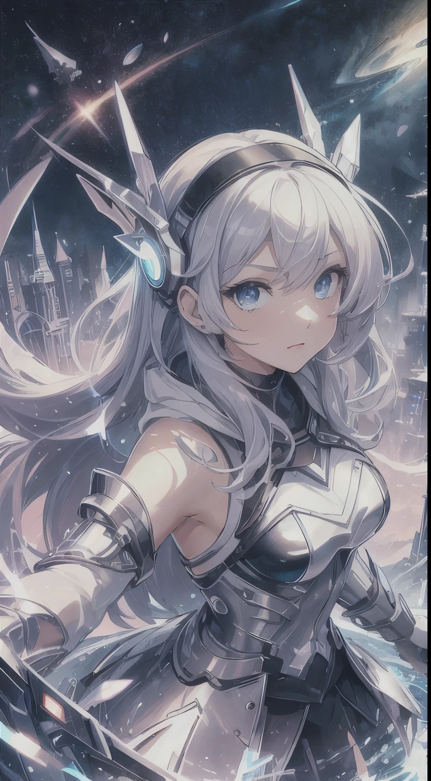 top-quality、Top image quality、masterpiece、teens girl((White and blue hoodie、Black skirt、18year old、 Ager、Best Bust、big bast,Beautiful light blue eyes, Long silver hair、A slender,Large valleys、Reflecting the whole body、Leaning forward、Attach the VR visor to your eyes、jumping pose、Excited face、play VR,)),hiquality、Beautiful Art、Background with(( Cyber World、Cyber World、Space world))masterpiece、depth of fields,
