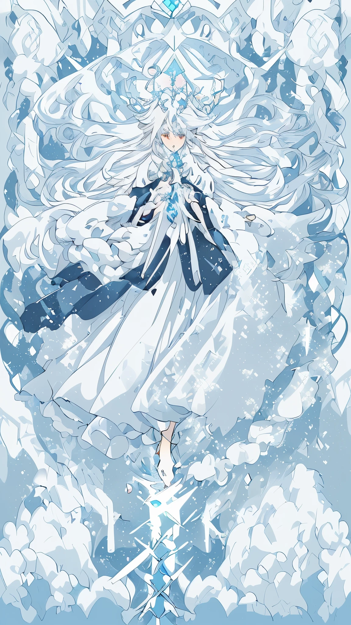 Anime girl with long white hair and blue skirt in the snow, White-haired deity, White hair floating in the air, Anime Fantasy Illustration, Flowing white hair, Beautiful young wind elf, Beautiful fantasy anime, shiny flowing hair, Ethereal Anime, beautiful anime artwork, Beautiful digital art work, Anime Fantasy Artwork, Anime HD Fantasy Artwork，Second dimension style