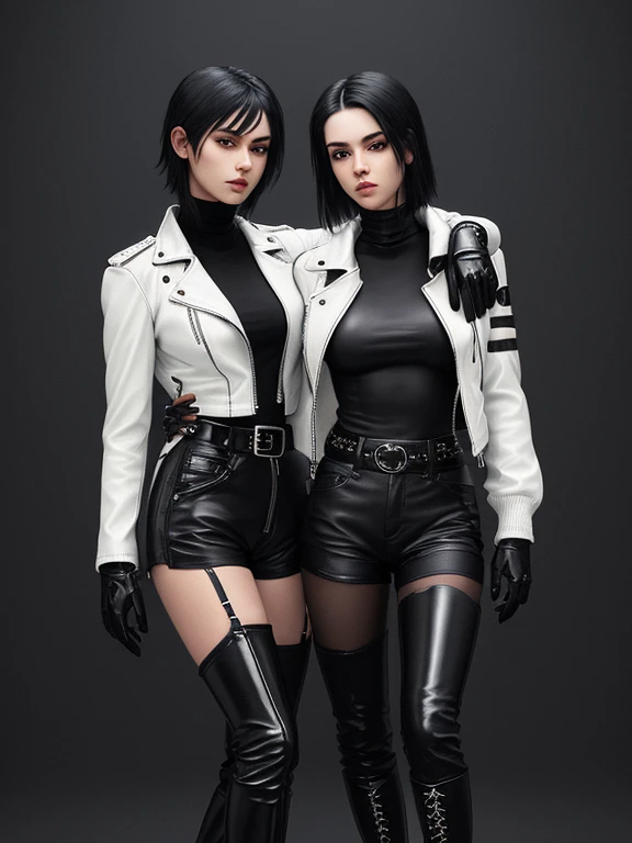 Final Fantasy-style graphics, young, Cute and cool Japanese boys and girls, Both have thin eyebrows and large eyes, Both are wearing shiny white single-breasted leather jackets.。..。Biker style leather jacket、 with epaulettes, The jacket is zipped up, The jacket pockets are black., The jacket has a high stand-up collar with a belt,They are both wearing black turtlenecks.., The man is wearing black leather pants、The girl is wearing black leather shorts and black pantyhose., Both of them are wearing thin black leather gloves.., The man was wearing long black leather lace-up boots.,、The girl is wearing black leather knee-high boots.、 Please show me your whole body, From head to toe., Final Fantasy Style、((Handsome))、((Beauty))、((Man and woman couple))、((Clear eyes and nose))、((Shiny white single leather jacket))、((Both jackets must be white.))((The jacket has epaulettes))、((The jacket has a high stand-up collar and a belt.))、((The jacket has a black pocket))、((Black turtleneck shirt))、((Man in shiny black leather pants))、((She's wearing shiny black leather shorts))、((Shiny black leather gloves on both handen's black lace-up leather long boots))、((The woman is wearing knee-high leather boots))、((Woman wearing black pantyhose))、((View the whole body image from a distance))、Realistic image quality and texture、In a small cell、close your eyes、Has a gentle smile、((The jacket is closed with a zipper))、((Neither of them have exposed skin below the neck.))、((The two stand side by side))、
