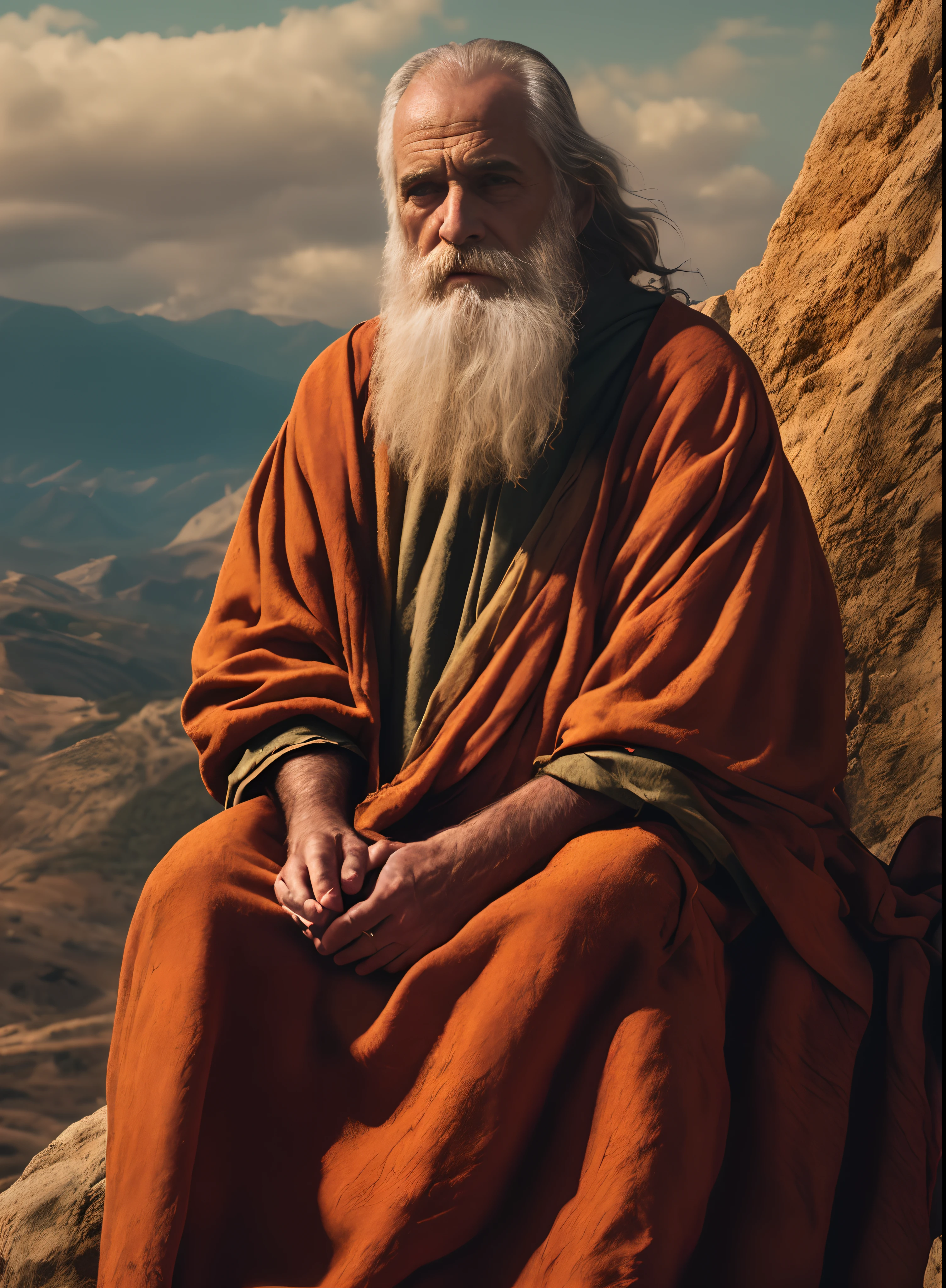 homem arafed sentado em uma rocha com uma longa barba, moisés, Dirigido por: Matthias Weischer, Wise old man, holy man looking at the ground, Dirigido por: Daniel Taylor, biblical clothing, inspired by moisés van Uyttenbroeck, Retrato do monge, O melhor no Adobe Stock, Obra prima 4k, Obra prima 4k, Dirigido por: Alexandre Kucharsky, foto de retrato de pintura fosca