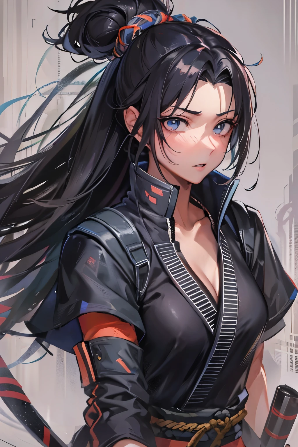 Hana is an agile and stealthy kunoichi, with an average height and black hair that she keeps tied in a high bun. Her eyes are sharp and observant.
Veste um traje ninja negro que lhe permite se mover silenciosamente nas sombras. Carries various ninja tools, como shurikens e kunais, em seu cinto.
Hana has a determined expression and a confident posture, refletindo sua habilidade e coragem como ninja.