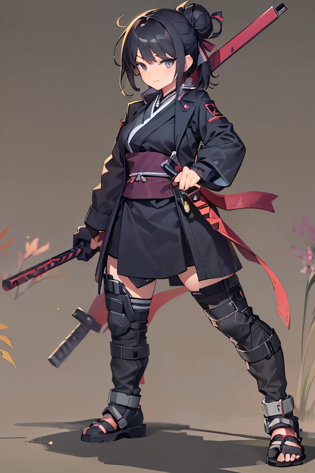 Hana is an agile and stealthy kunoichi, with an average height and black hair that she keeps tied in a high bun. Her eyes are sharp and observant.
Veste um traje ninja negro que lhe permite se mover silenciosamente nas sombras. Carries various ninja tools, como shurikens e kunais, em seu cinto.
Hana has a determined expression and a confident posture, refletindo sua habilidade e coragem como ninja.