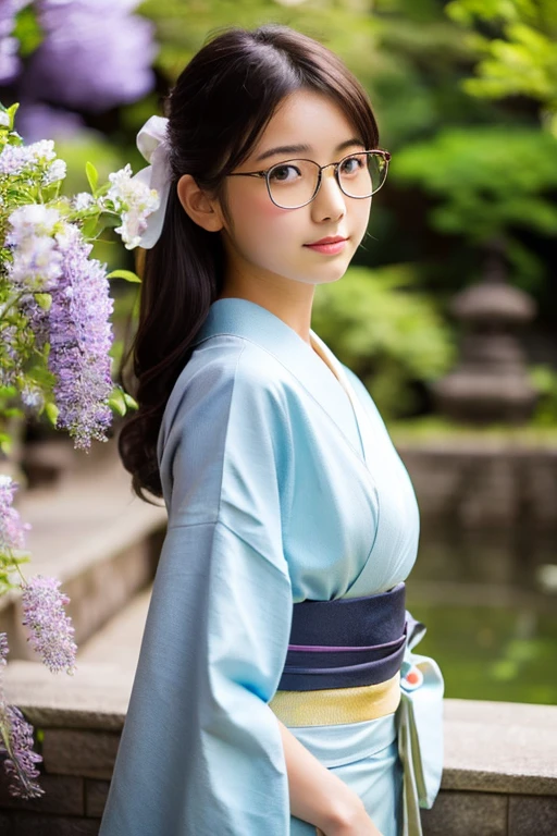 8k RAW photo, highest quality, masterpiece, Ultra-high resolution, 3D, Realistic, 1 girl, A cute and simple 15-year-old Japanese girl, 美しい黒hair,Beautiful detailed eyes,  Beautiful Skin, i always wear glasses, Wearing a neat and beautiful Japanese kimono, Flat Chest,Small breasts, moderately_hair, Tight waist, Slender body, Beautiful realistic detailed Japanese garden with pond and wisteria trellis, It rains, I took the photo at the best angle in Japan.