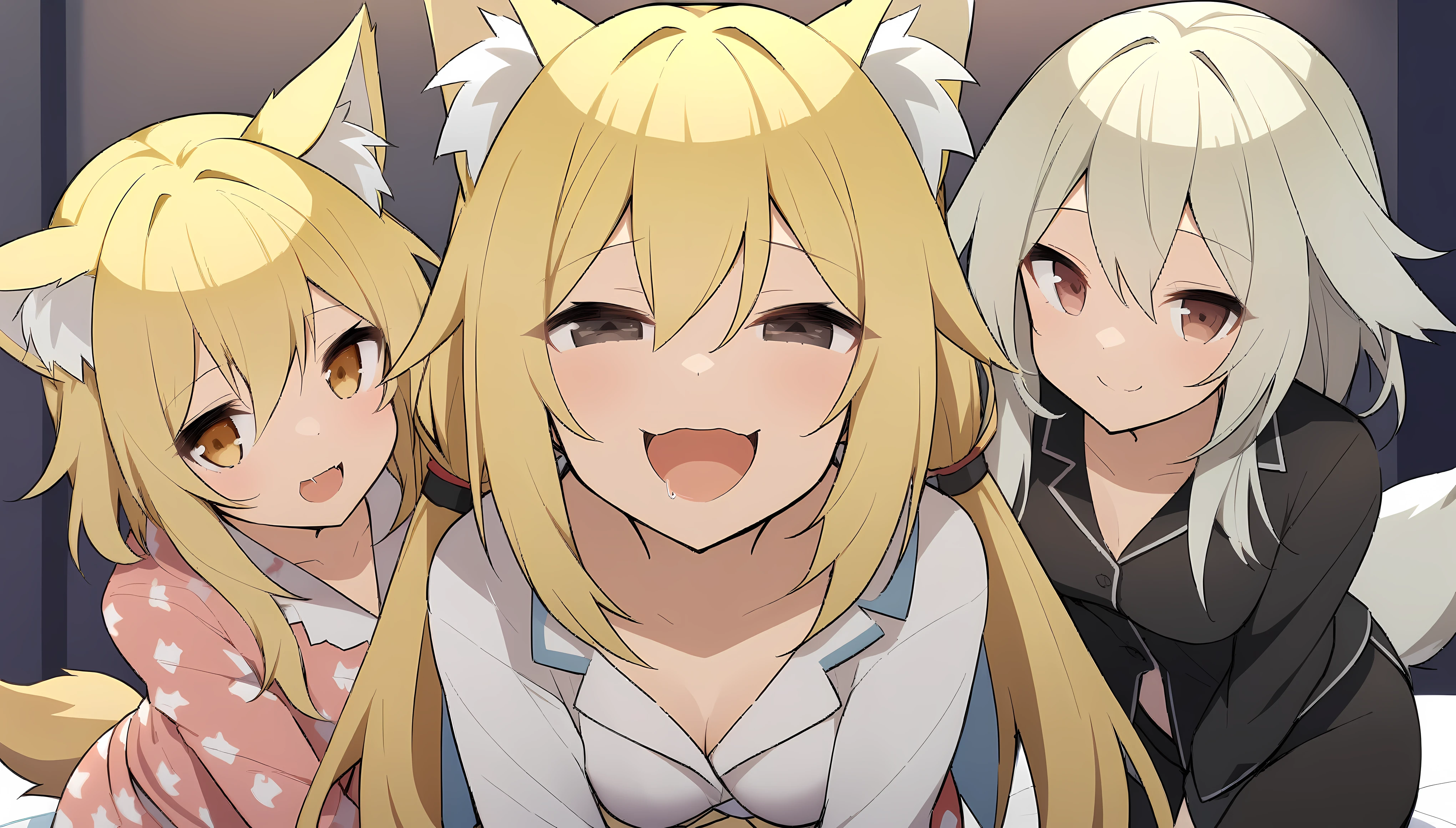 Date-A-Live:3, (Lumine with fox ears:1.5, Yuzetai, Yuzetai assertive female donmai.us), 3girls, fox girls, blonde hair, selki, arknights, fox ears, shaders, assertive female, girl on top, breast, Pov:2, stomach, shirt, princess connect, hugging viewer, drool, saliva trail, leaning in, depth perception, leggings, happy, looking at viewer, cloudy eyes, no_pupils, professional:2, beautiful eyes, lustful eyes, lustful expression, tails, wagging tail, pajamas, dog bone pattern on pajamas, smooth lighting:1.1, HD,