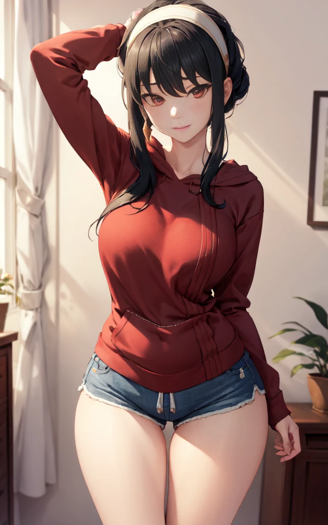 yor forger yor briar,spyxfamily, madsterpiece), oversized hoodie, baggy hoodie, thick heavy hoodie, dolfine shorts, booty shorts, short shorts, white headband, gold earrings, natural makeup, staring at viewer, sStanding in bedroom, neck, slight smile, thigh gap, hand on back of head, mature woman, milf, black hair, 1girl,solo, thick thighs, large hips, long sleeve, facing viewer, hands on thighs leaning forward, medium breasts, camel toe, looking down pov, top down pov