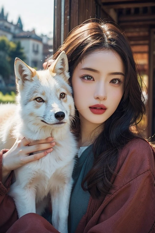 Beautiful woman with red eyes posing for elegant photo with white giant fox, arpino,Gray Hair,Face to face, Ultra-realistic, Clear images