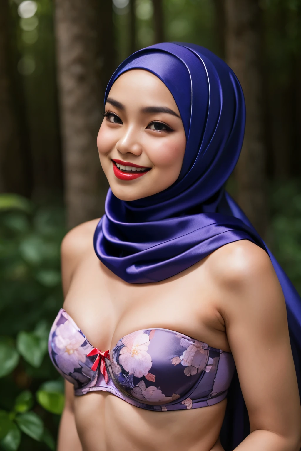 ((Flat chest:1.4)), (Happy smile), (((HIJAB MALAY GIRL))), masutepiece, High quality, UHD 32K, Realistic face, Realistic skin feeling , A Japanese Lady, , , Very cute and baby-like face, (((FLAT CHEST))), (Night time at forest), ((look In front at the camera and SADNESS)), ((())), (((CUTE GIRL))), ((RED LIPS)), ((Satin Floral Pattern)) little wearing pastel strapless bra, strapless colorful, dark night horror scary place (from behind up) seductive pose