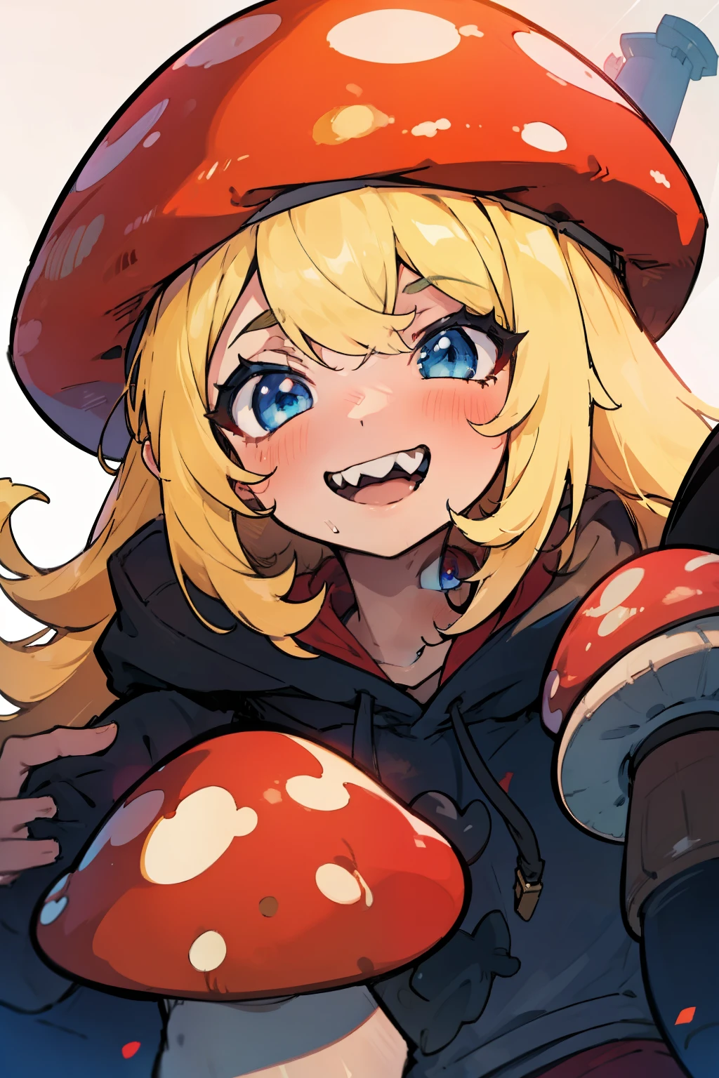 masterpiece,best quality,high quality, best quality, 4k,8k,up close,1girl,solo,blonde hair, crossed bangs, blue eyes, red mushroom hat, mushroom girl, black hoodie,cute,sharp teeth,grin
