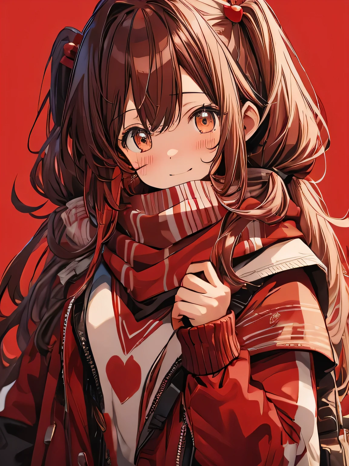 Brown eyes、Long Hair、Twin tails、scarf、Red background、Duffle coat、chocolate、girl、colorful hair ornaments、Valentine、Wavy Hair、Embarrassed face、Red cheeks、Laughter、smile、smile、I have chocolate