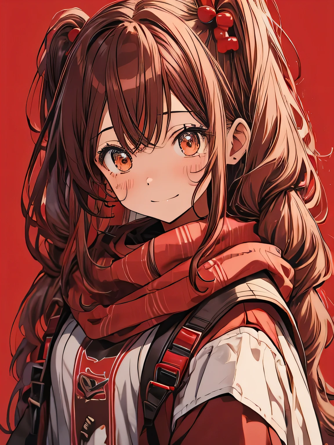 Brown eyes、Long Hair、Twin tails、scarf、Red background、Duffle coat、chocolate、girl、colorful hair ornaments、Valentine、Wavy Hair、Embarrassed face、Red cheeks、Laughter、smile、smile、I have chocolate