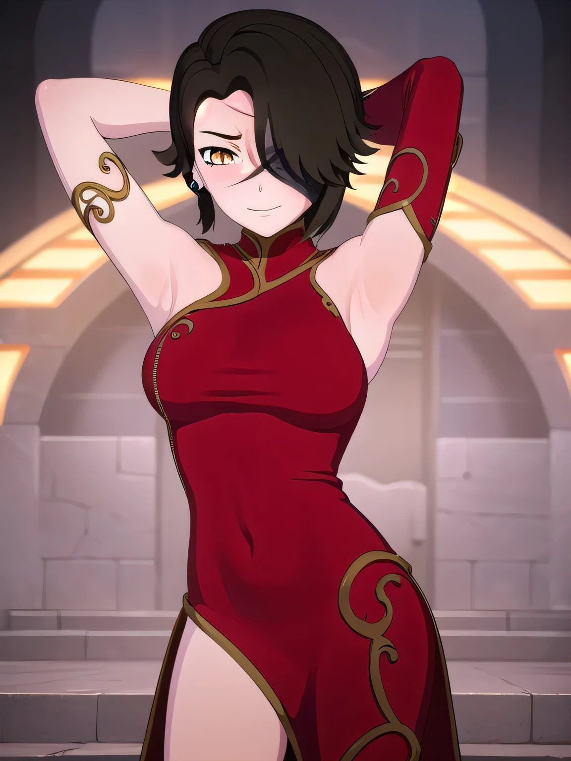 cinderfall, cinder fall, short hair, black hair, (yellow eyes:1.5),
BREAK gloves, dress, jewelry, earrings, black gloves, elbow gloves, hair over one eye, tattoo, scar, chinese clothes, red dress, china dress,
contrapposto, spread armpit, arms behind head, smile, BREAK looking at viewer, (cowboy shot:1.5)