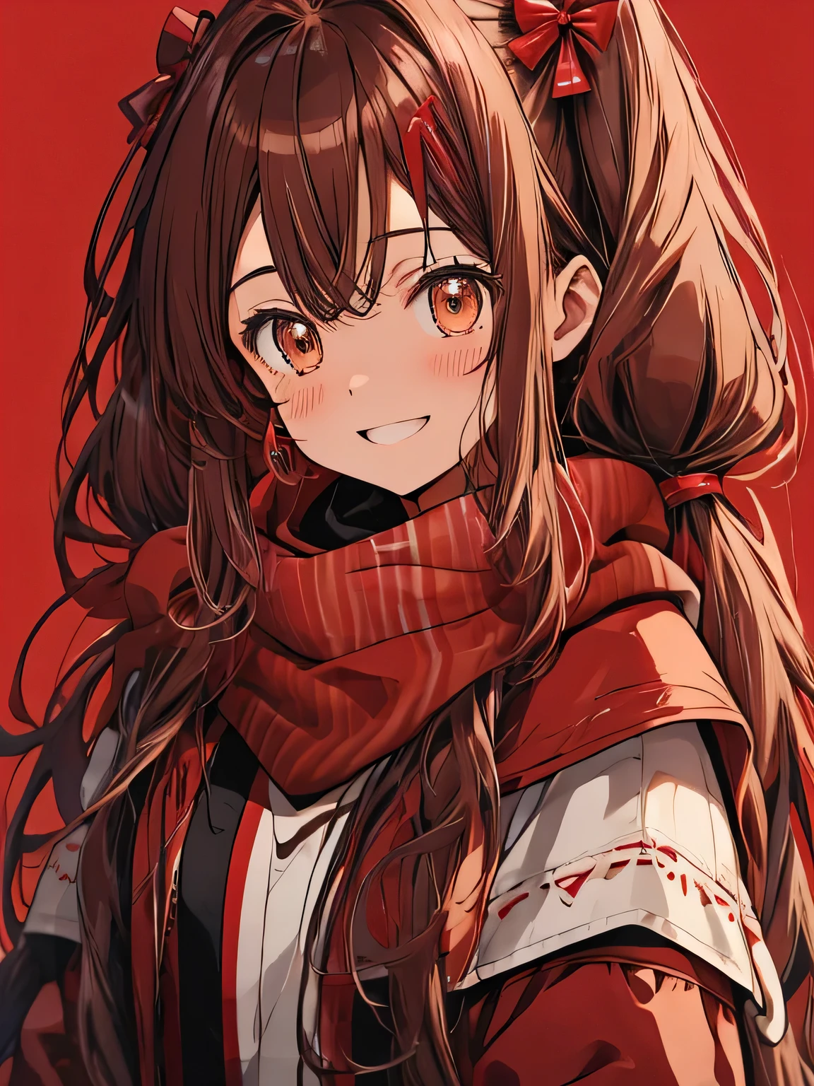 Brown eyes、Long Hair、Twin tails、scarf、Red background、Duffle coat、chocolate、girl、colorful hair ornaments、Valentine、Wavy Hair、Embarrassed face、Red cheeks、Laughter、smile、smile、I have chocolate